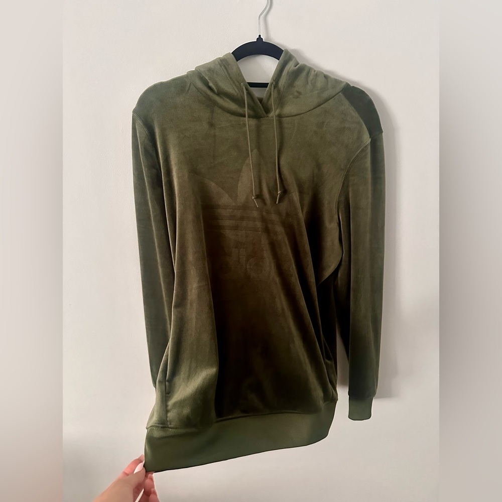 Adidas Green Velour Embossed Lightweight Pullover Hoodie || Medium || NWOT
